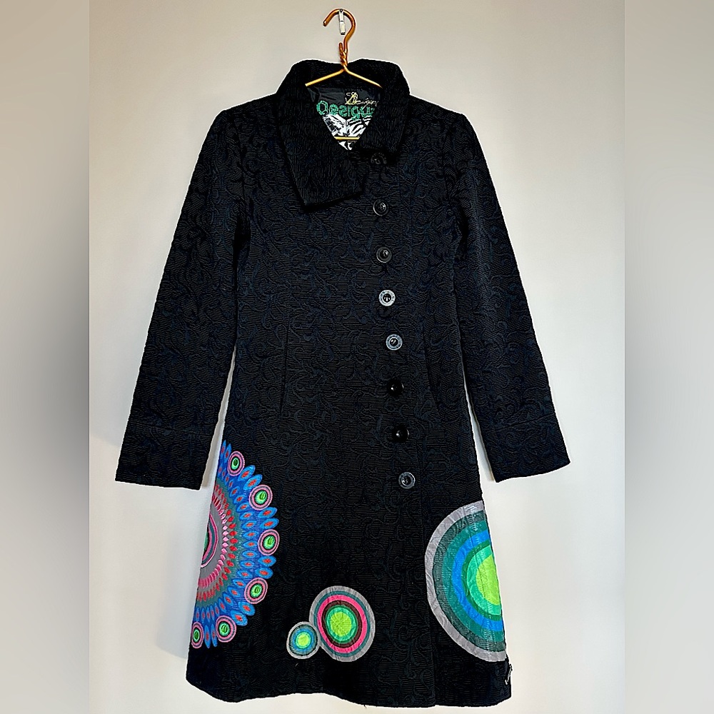 Desigual Vintage Woman’s Embroidered Long Coat, Mid-season, Size Eur 38